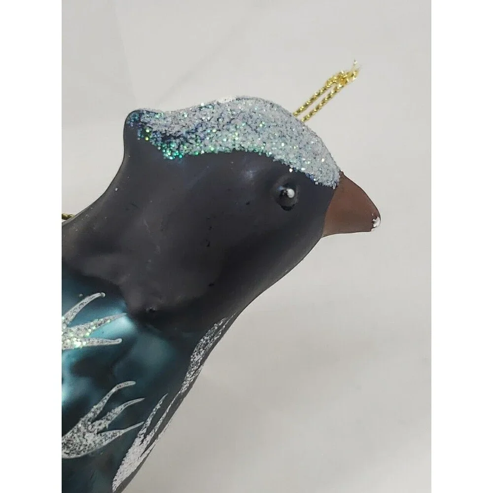 Blown Glass Bird Christmas Tree Ornament Feathers Glitter Dark Green Unique